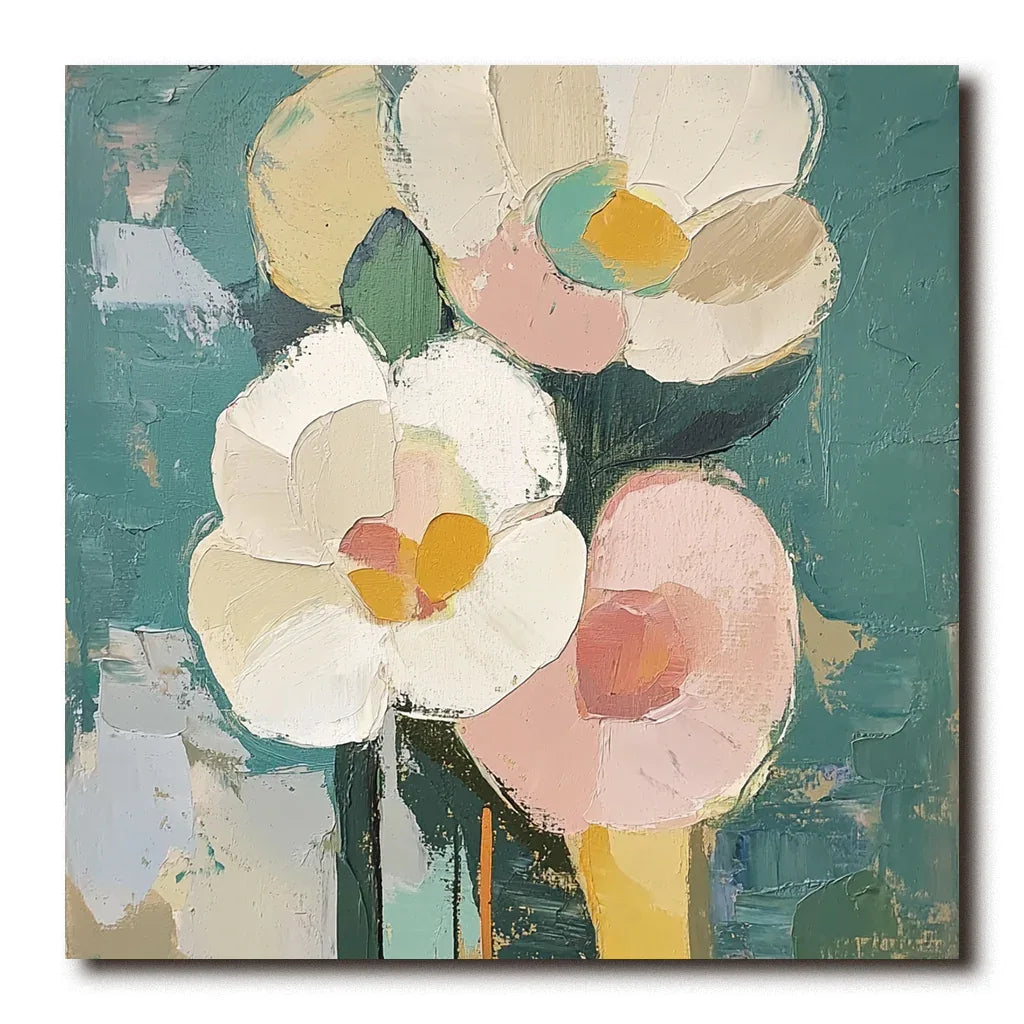 Blooms in Hues-Abstract Texture Wall Art Featuring Hand-Painted Pink and White Flowers#FL10048