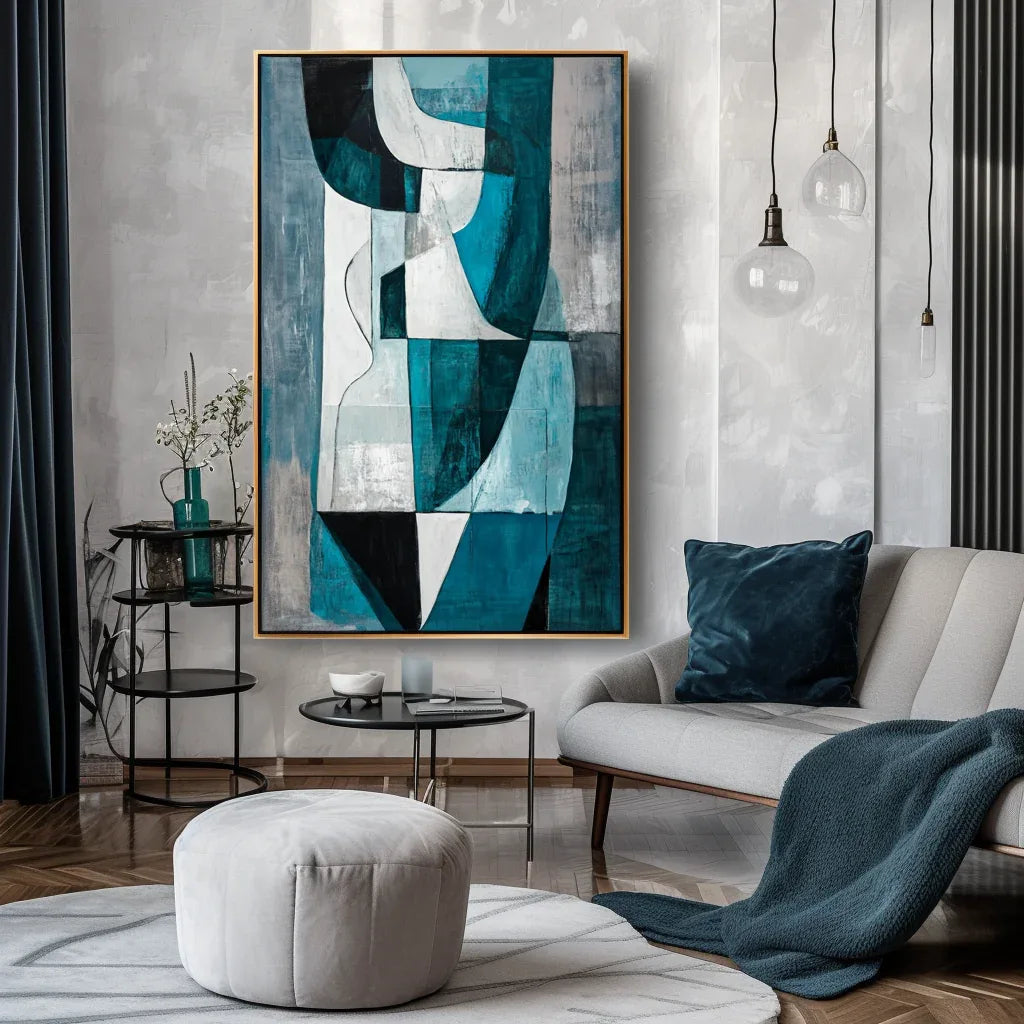 Fragmented Harmony-Hand-Painted Blue and Green Geometric Texture Oil Painting Wall A1rt