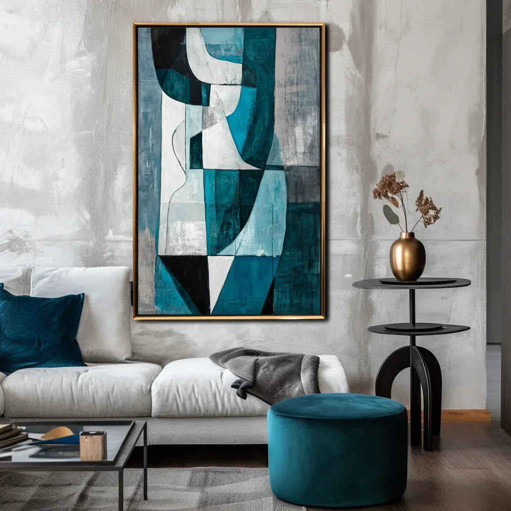 Fragmented Harmony-Hand-Painted Blue and Green Geometric Texture Oil Painting Wall A1rt