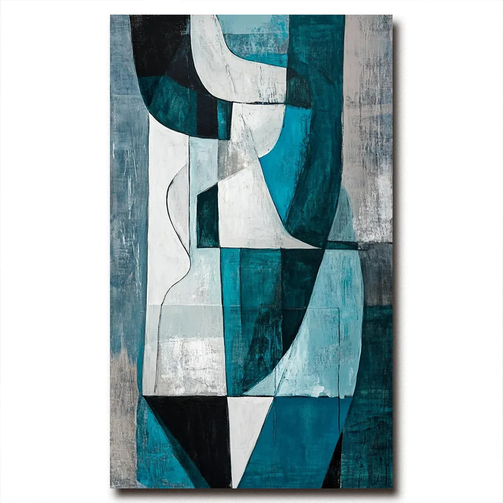 Fragmented Harmony-Hand-Painted Blue and Green Geometric Texture Oil Painting Wall A1rt