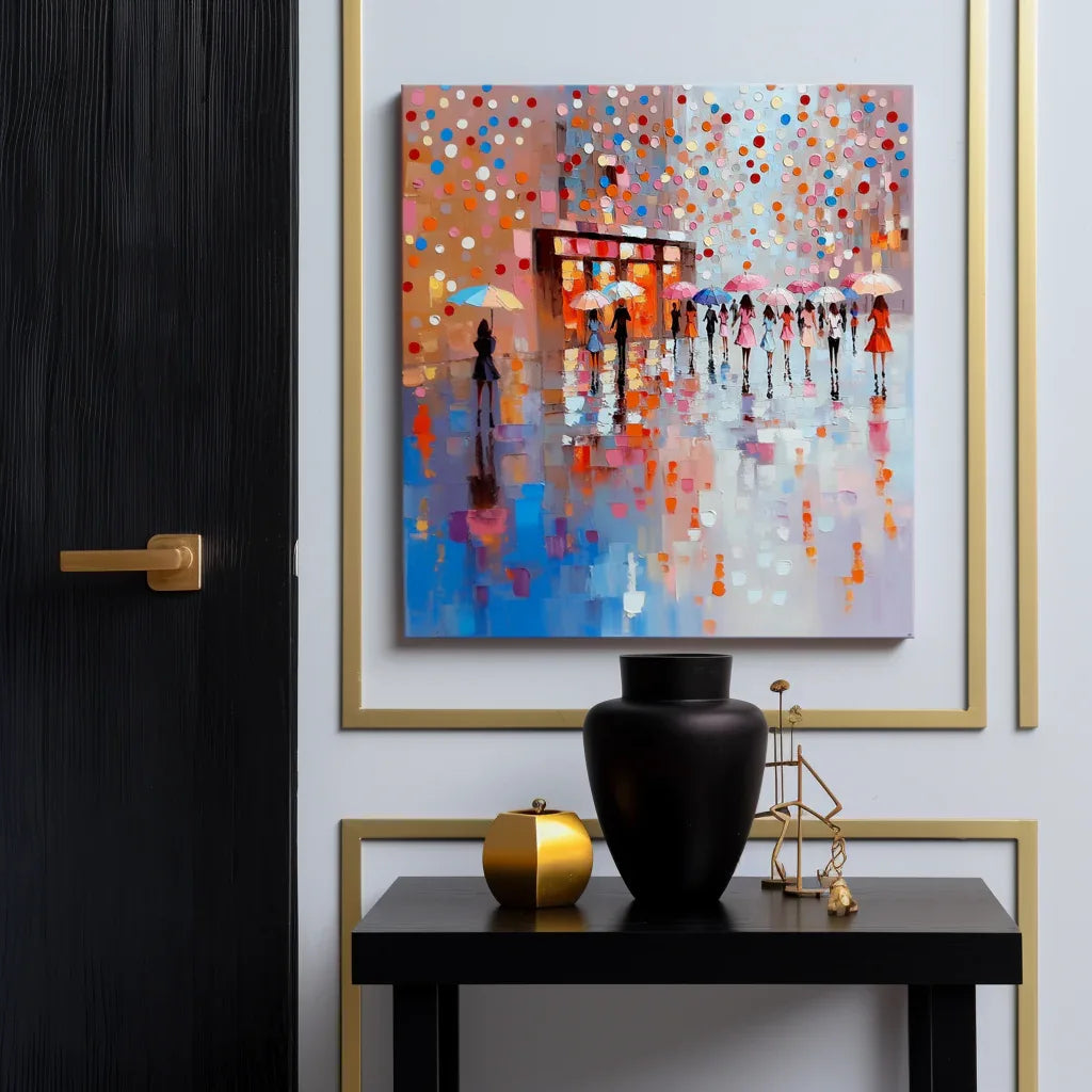 City of Umbrellas art-Colorful Urban Rainy Day Abstract Wall Art