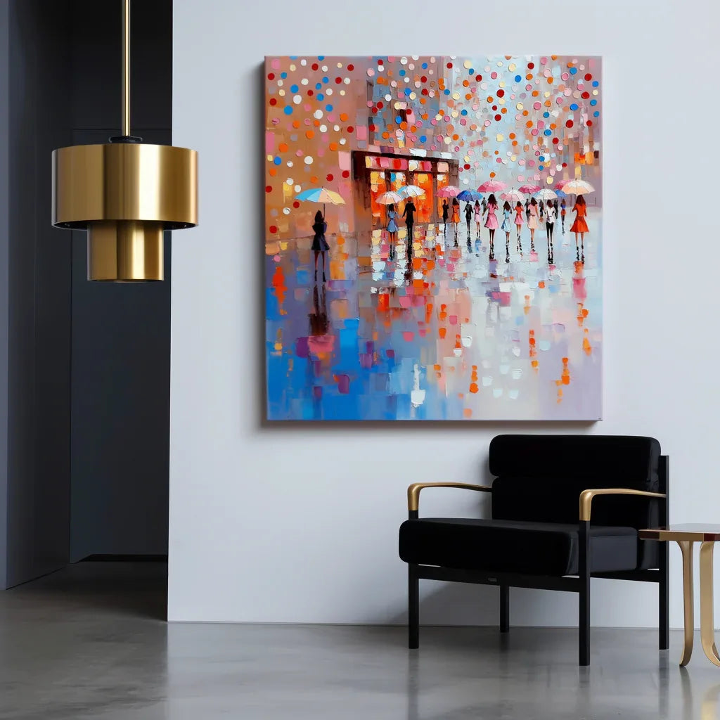 City of Umbrellas art-Colorful Urban Rainy Day Abstract Wall Art