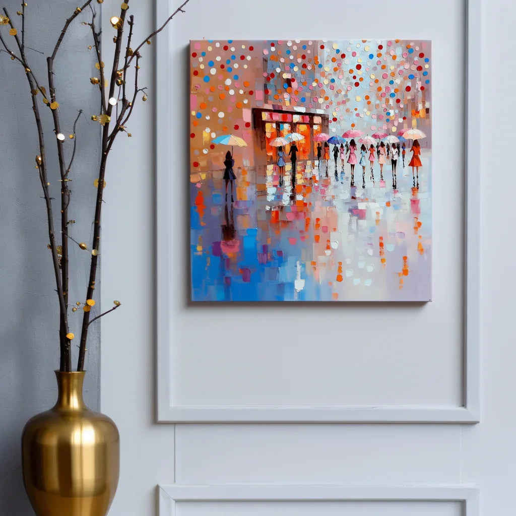 City of Umbrellas art-Colorful Urban Rainy Day Abstract Wall Art