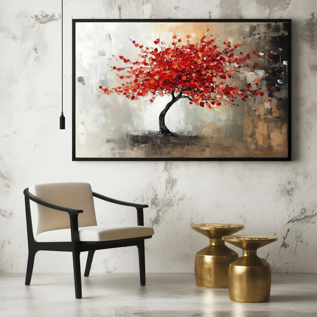Crimson Bloom - Interior Decoration Hand drawn 3D Red Tree Textured Wall Art#fl10069