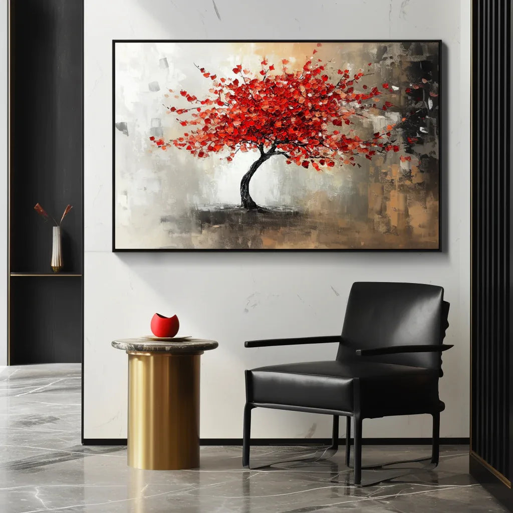 Crimson Bloom - Interior Decoration Hand drawn 3D Red Tree Textured Wall Art#fl10069