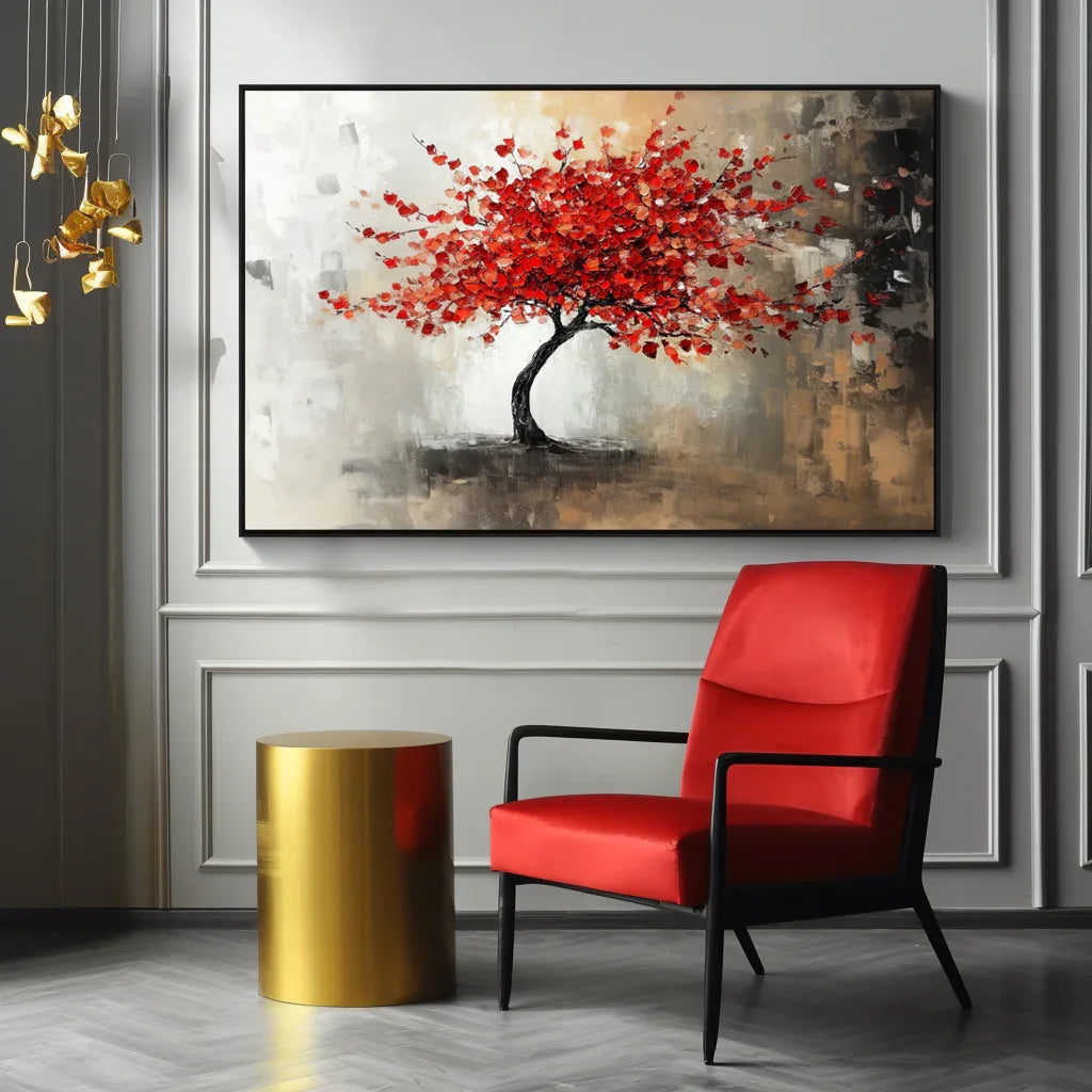 Crimson Bloom - Interior Decoration Hand drawn 3D Red Tree Textured Wall Art#fl10069
