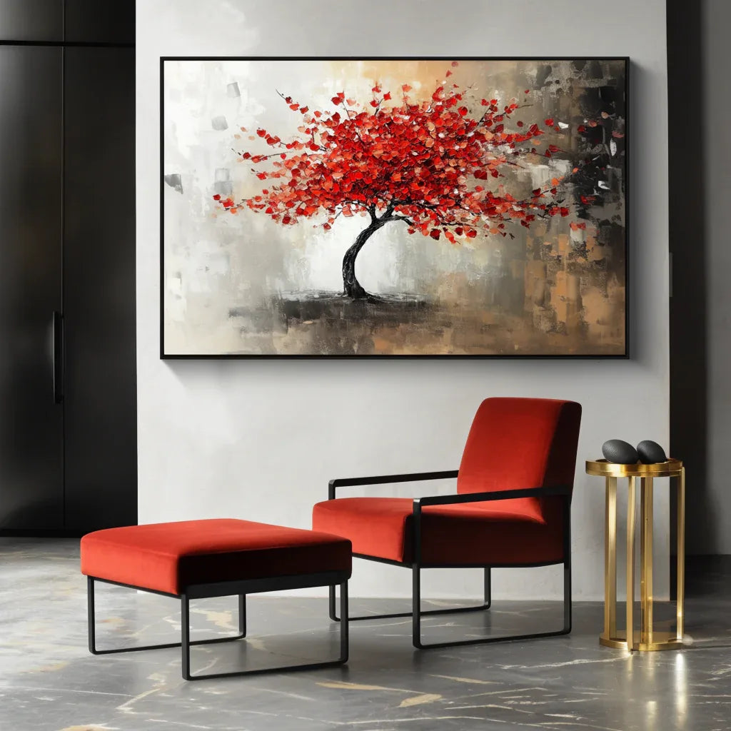 Crimson Bloom - Interior Decoration Hand drawn 3D Red Tree Textured Wall Art#fl10069