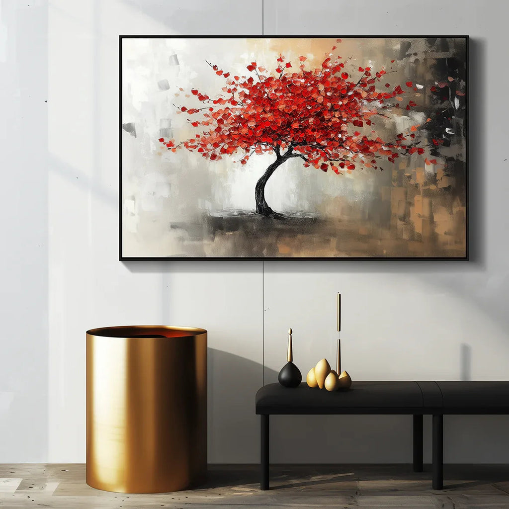 Crimson Bloom - Interior Decoration Hand drawn 3D Red Tree Textured Wall Art#fl10069