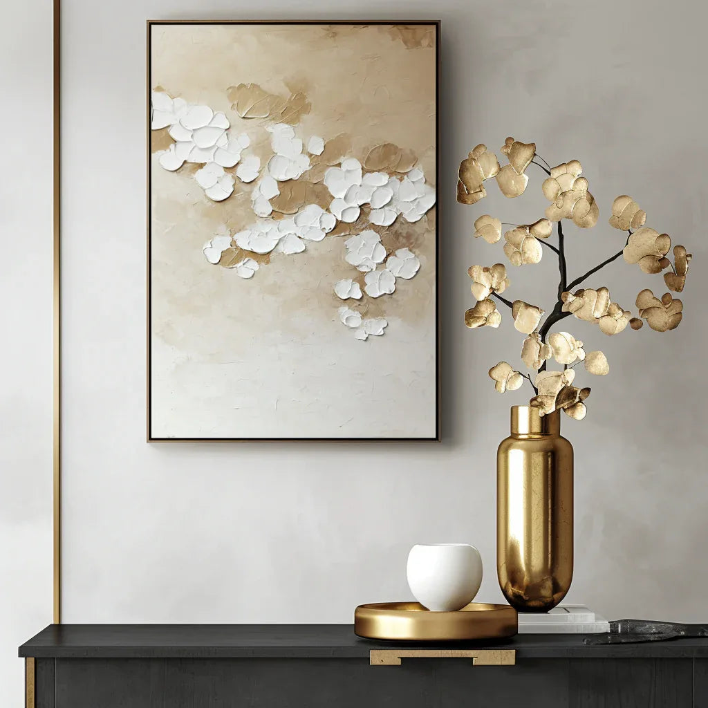 Floating Silence - Interior Decoration White Petal Texture Wabi Sabi Oil Painting#FL10067
