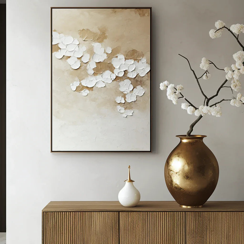 Floating Silence - Interior Decoration White Petal Texture Wabi Sabi Oil Painting#FL10067