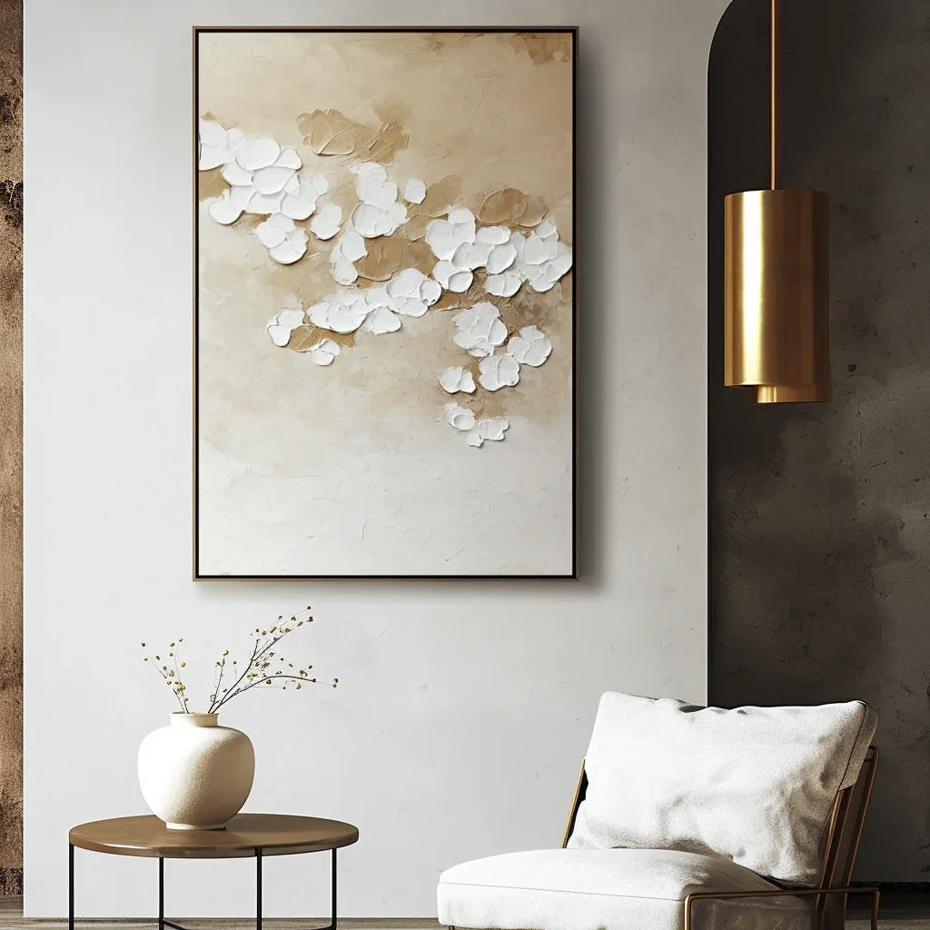 Floating Silence - Interior Decoration White Petal Texture Wabi Sabi Oil Painting#FL10067