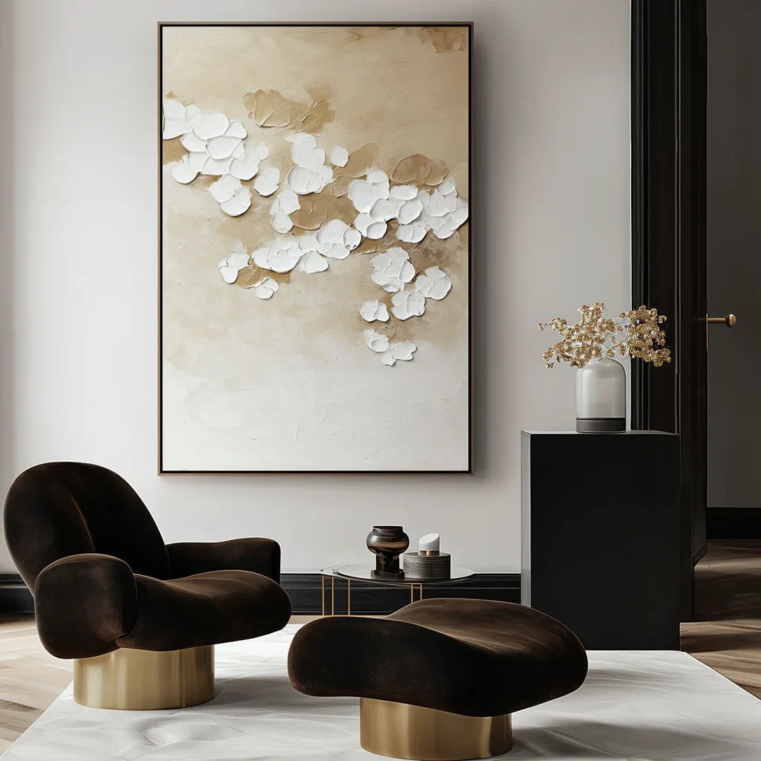 Floating Silence - Interior Decoration White Petal Texture Wabi Sabi Oil Painting#FL10067