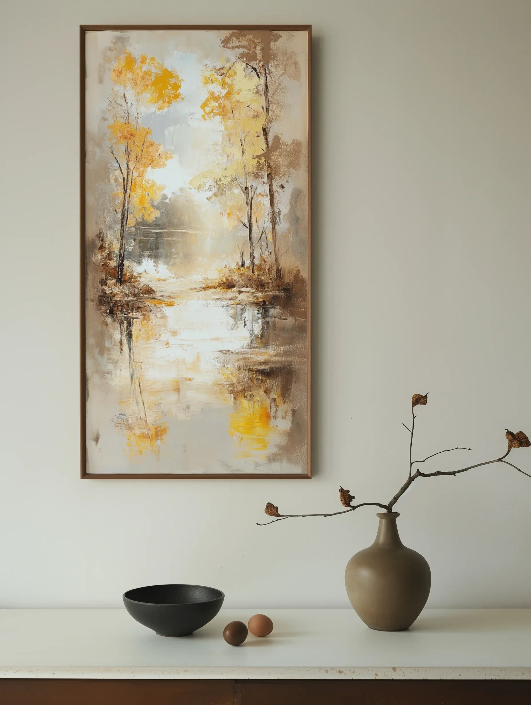 Autumn Reflection -Modern Hand-Painted Vertical Abstract Landscape Wall Art