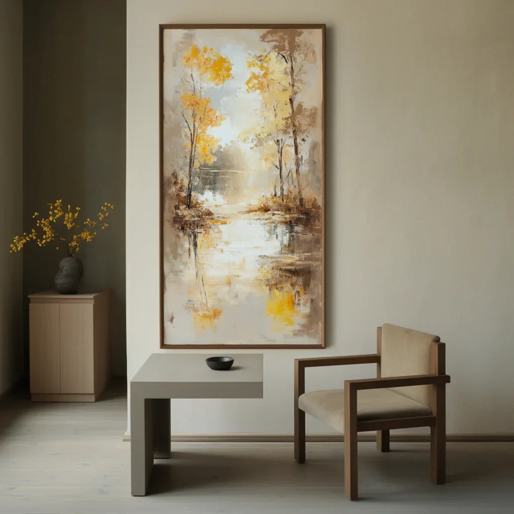Autumn Reflection -Modern Hand-Painted Vertical Abstract Landscape Wall Art