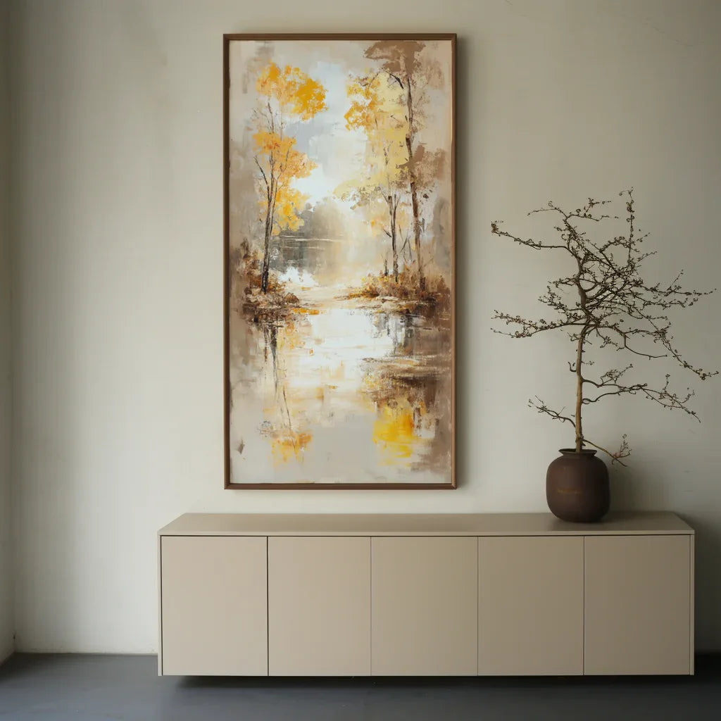 Autumn Reflection -Modern Hand-Painted Vertical Abstract Landscape Wall Art