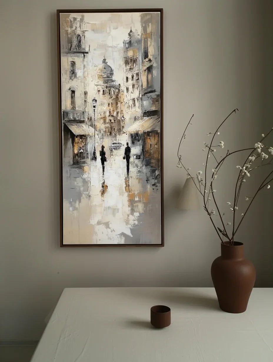 Echoes of the Avenue - Modern Interior Design Vertical Hand-Painted City Oil Painting Wall Art