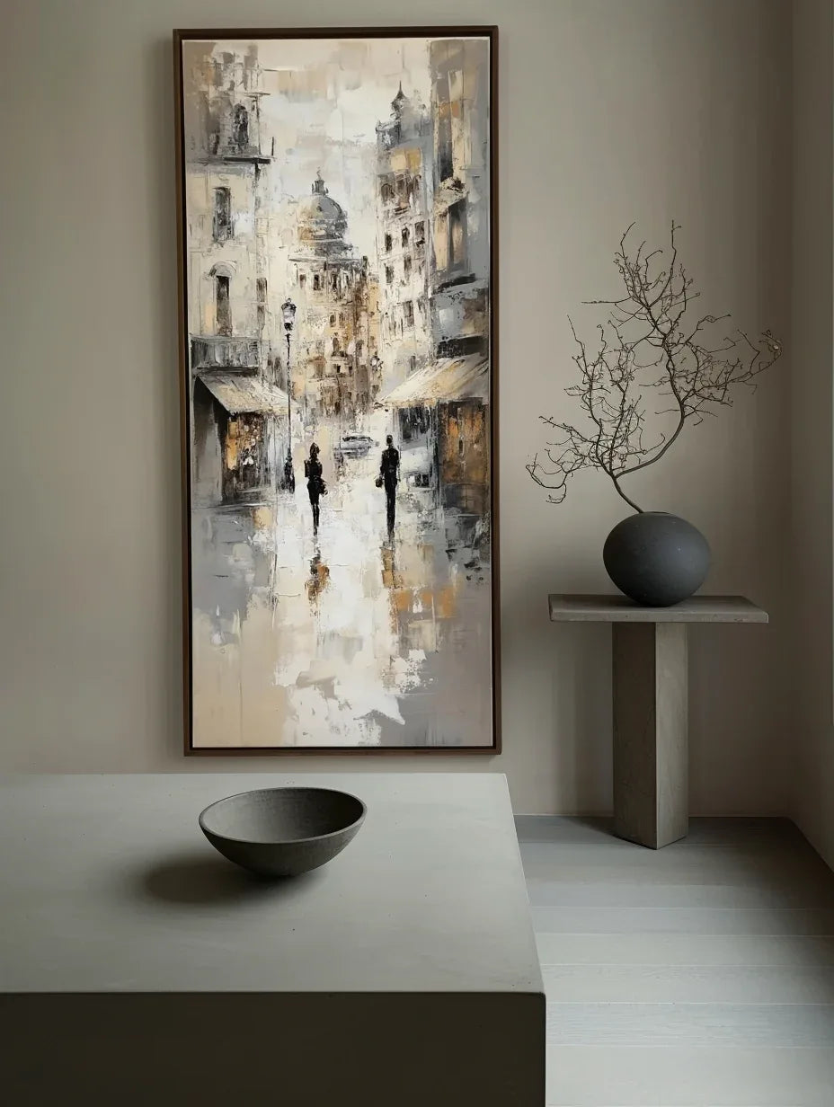 Echoes of the Avenue - Modern Interior Design Vertical Hand-Painted City Oil Painting Wall Art