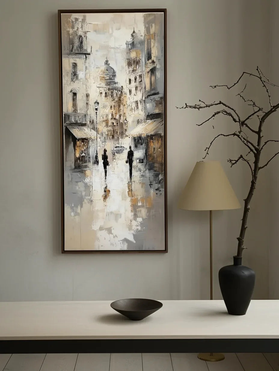 Echoes of the Avenue - Modern Interior Design Vertical Hand-Painted City Oil Painting Wall Art