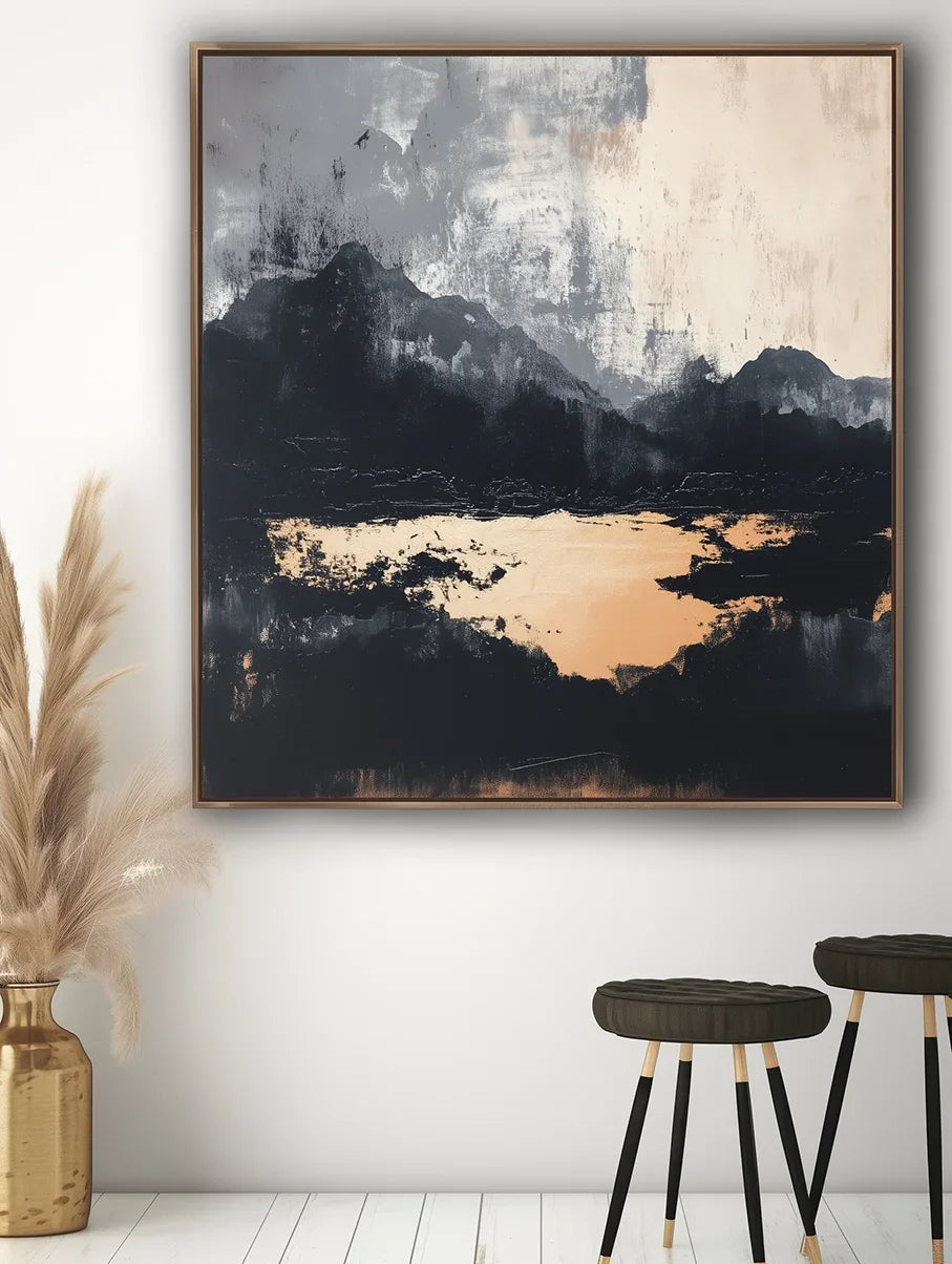 Midnight Horizon-Hand-Painted Black and Gray Abstract Ink Mountain Wall Art