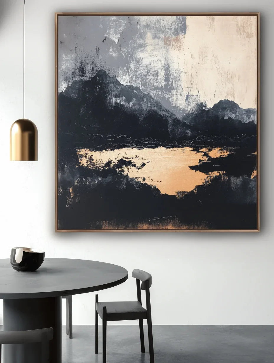 Midnight Horizon-Hand-Painted Black and Gray Abstract Ink Mountain Wall Art