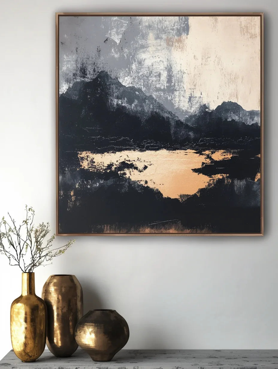 Midnight Horizon-Hand-Painted Black and Gray Abstract Ink Mountain Wall Art