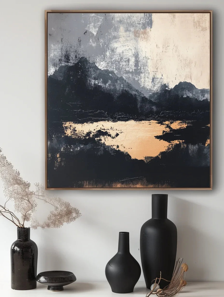 Midnight Horizon-Hand-Painted Black and Gray Abstract Ink Mountain Wall Art
