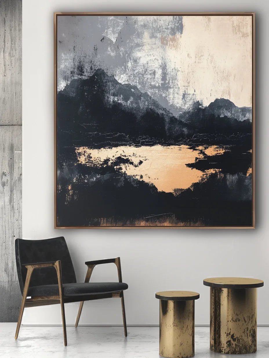 Midnight Horizon-Hand-Painted Black and Gray Abstract Ink Mountain Wall Art