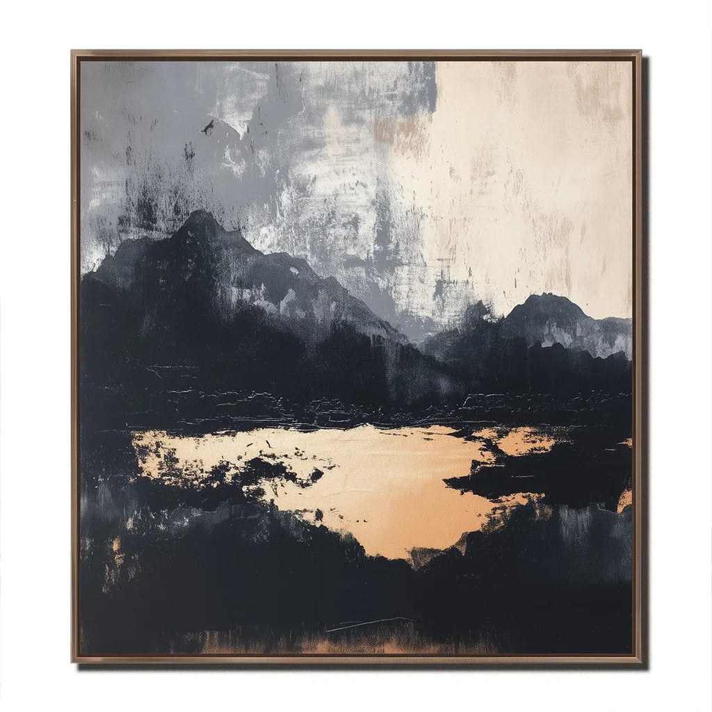 Midnight Horizon-Hand-Painted Black and Gray Abstract Ink Mountain Wall Art