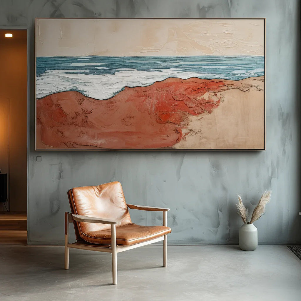 Crimson Shoreline – Abstract Warm Shore Blue Wave oil Painting Wall Art