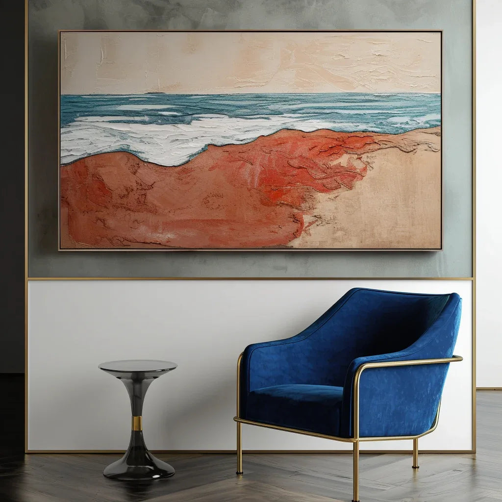 Crimson Shoreline – Abstract Warm Shore Blue Wave oil Painting Wall Art