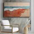 Crimson Shoreline – Abstract Warm Shore Blue Wave oil Painting Wall Art