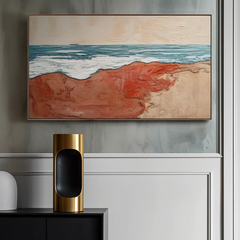 Crimson Shoreline – Abstract Warm Shore Blue Wave oil Painting Wall Art