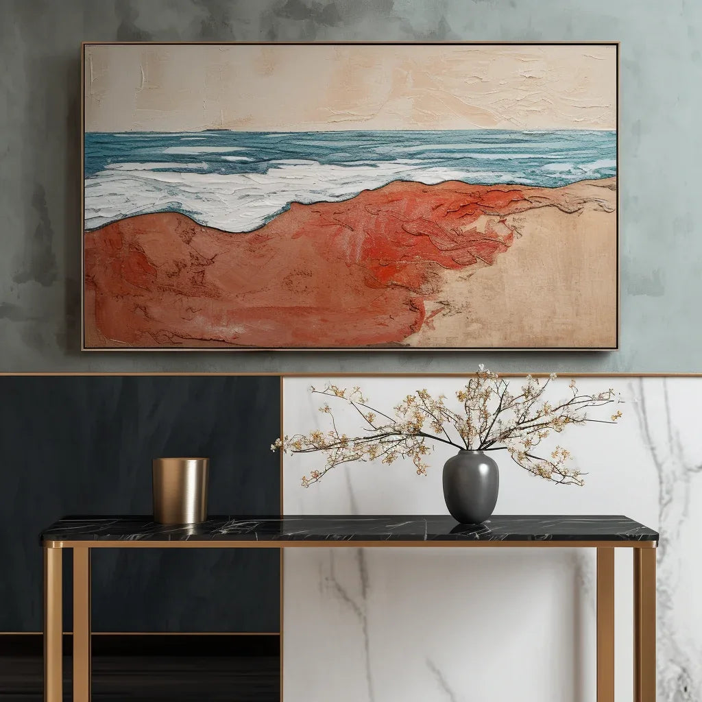 Crimson Shoreline – Abstract Warm Shore Blue Wave oil Painting Wall Art