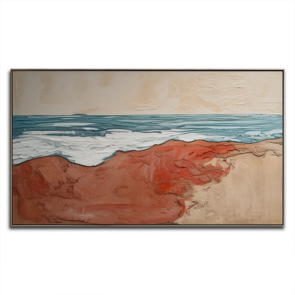 Crimson Shoreline – Abstract Warm Shore Blue Wave oil Painting Wall Art