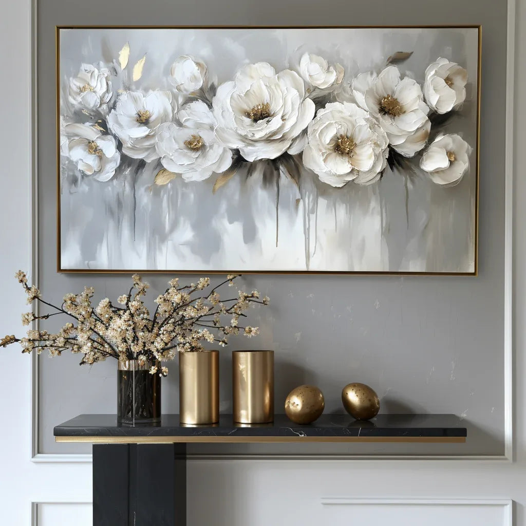 Ethereal Blossoms-Modern Hand-Painted White Rose Textured Wall Art#FL10076