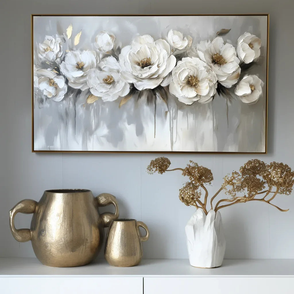 Ethereal Blossoms-Modern Hand-Painted White Rose Textured Wall Art#FL10076