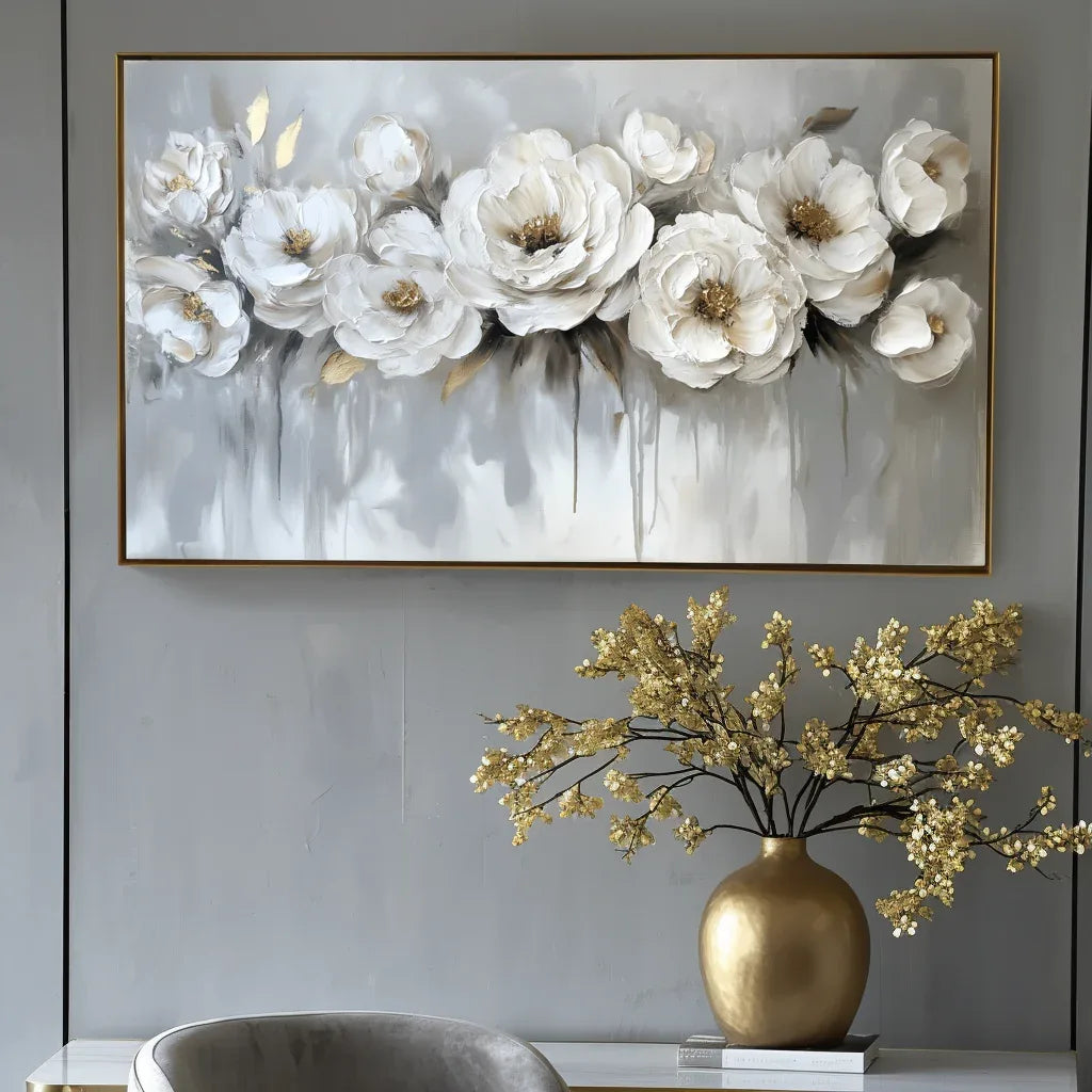 Ethereal Blossoms-Modern Hand-Painted White Rose Textured Wall Art#FL10076