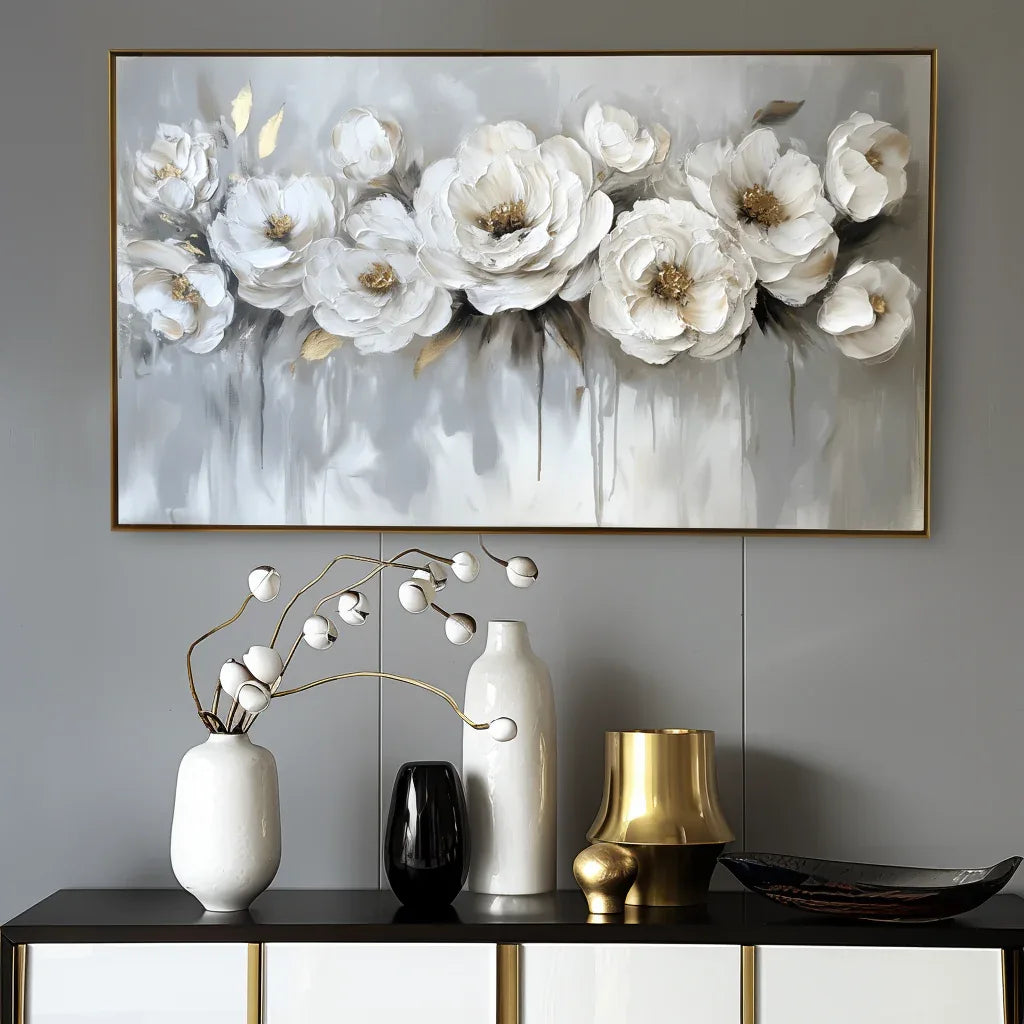 Ethereal Blossoms-Modern Hand-Painted White Rose Textured Wall Art#FL10076