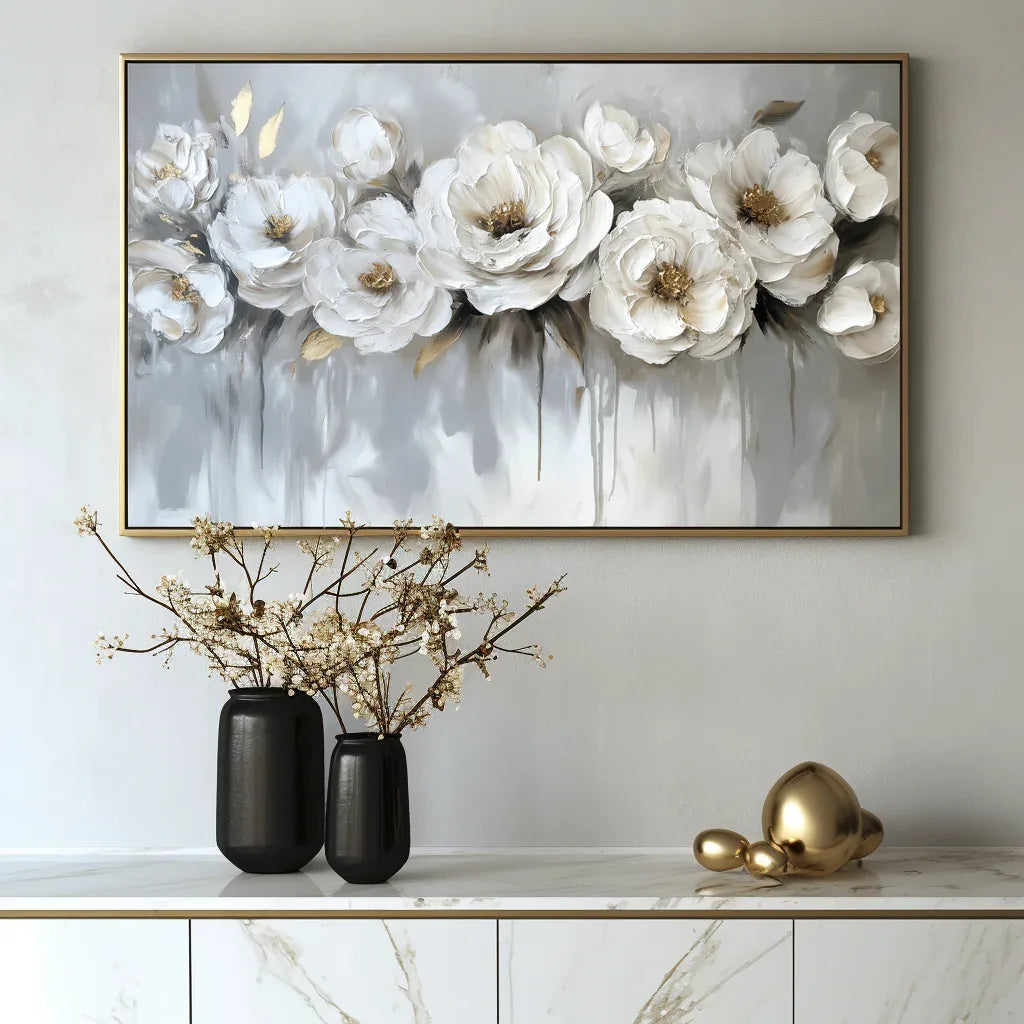 Ethereal Blossoms-Modern Hand-Painted White Rose Textured Wall Art#FL10076
