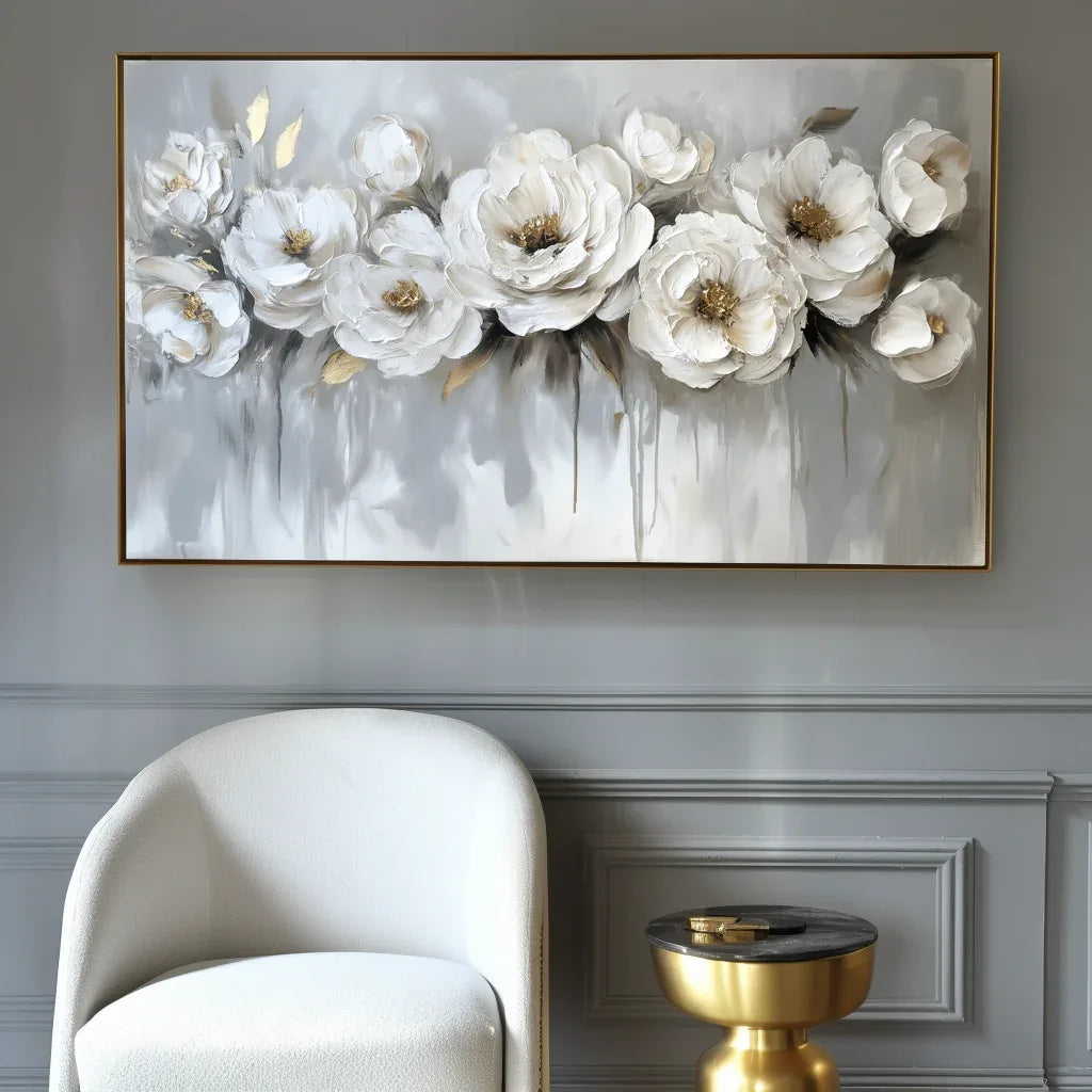 Ethereal Blossoms-Modern Hand-Painted White Rose Textured Wall Art#FL10076