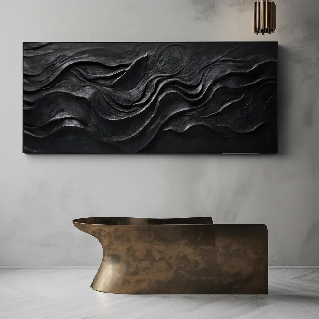 Midnight Flow – Modern Minimalist Pure Black Ripple Texture Wabi Sabi Wall Art