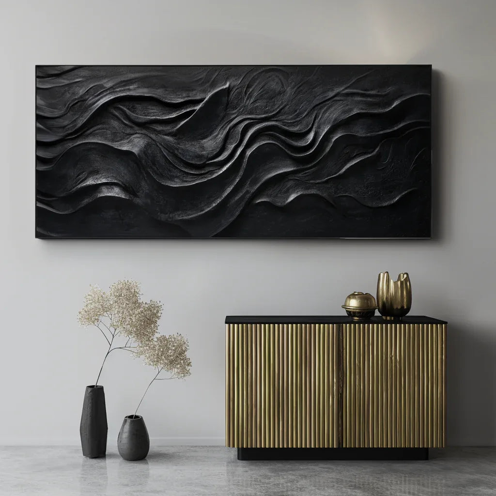 Midnight Flow – Modern Minimalist Pure Black Ripple Texture Wabi Sabi Wall Art