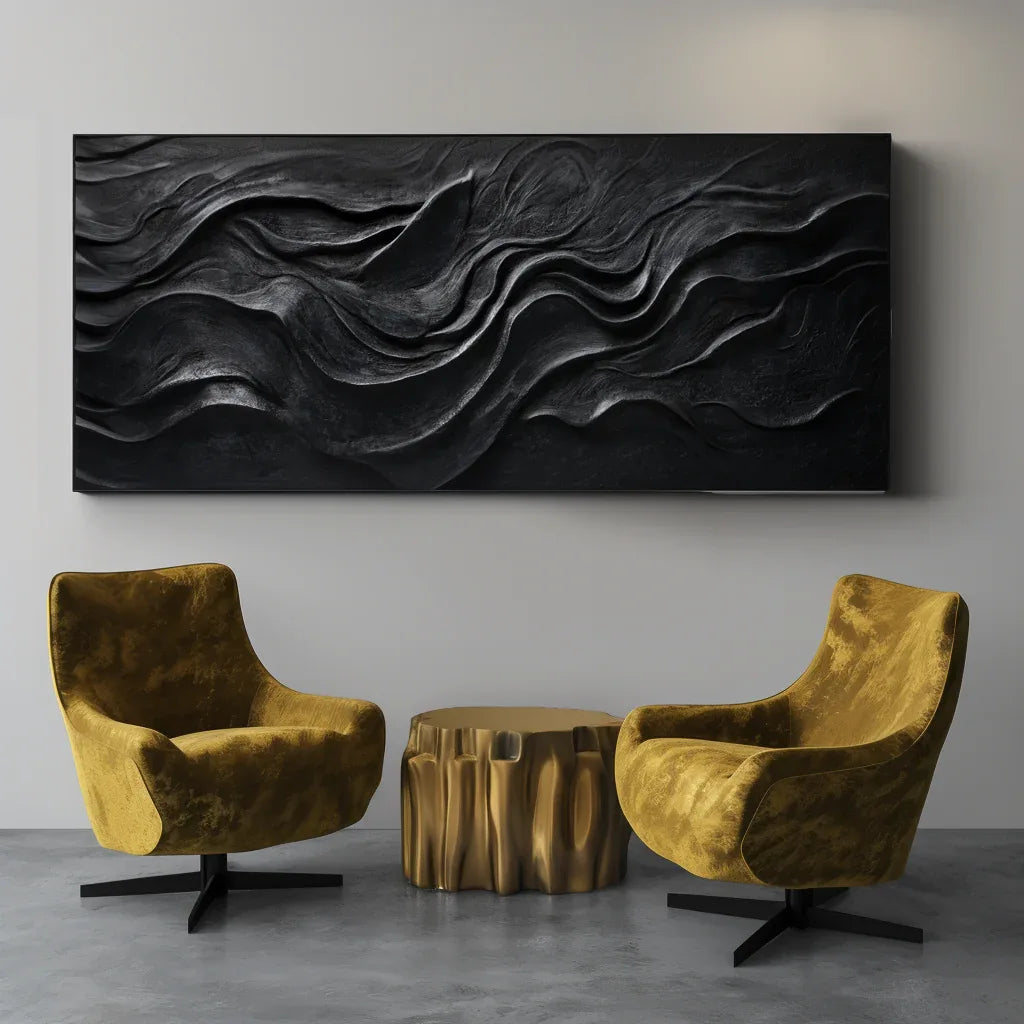 Midnight Flow – Modern Minimalist Pure Black Ripple Texture Wabi Sabi Wall Art