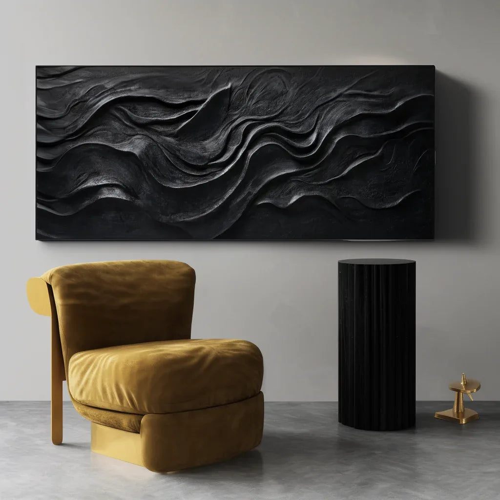 Midnight Flow – Modern Minimalist Pure Black Ripple Texture Wabi Sabi Wall Art