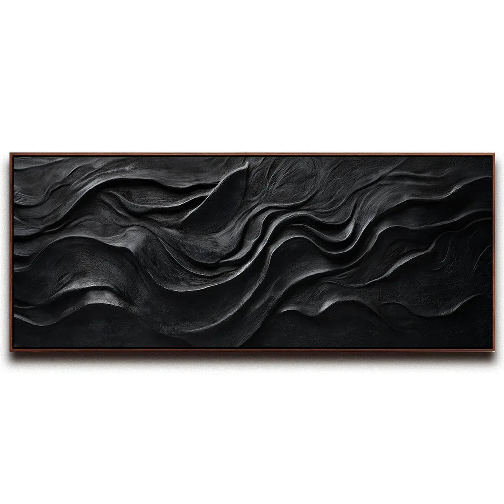 Midnight Flow – Modern Minimalist Pure Black Ripple Texture Wabi Sabi Wall Art