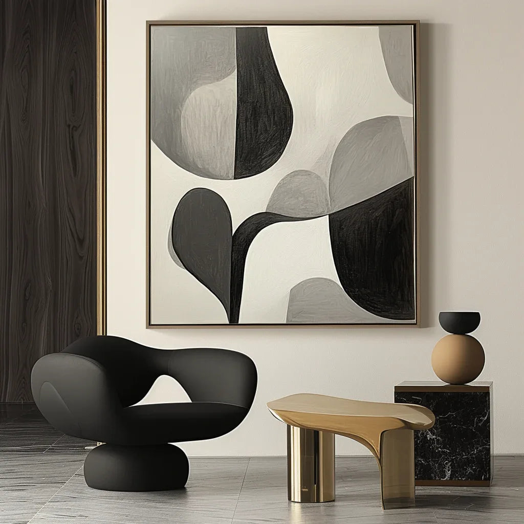 Echoes of Silence - Modern Minimalist Black and White Geometric Wabi Sabi Abstract Wall Art