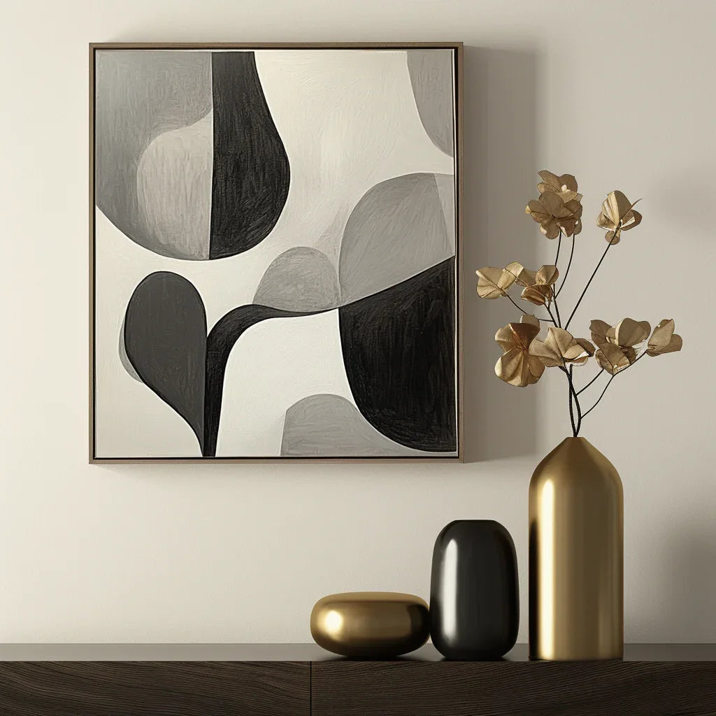 Echoes of Silence - Modern Minimalist Black and White Geometric Wabi Sabi Abstract Wall Art