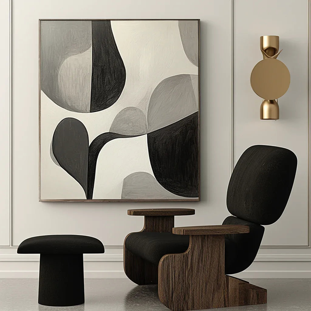 Echoes of Silence - Modern Minimalist Black and White Geometric Wabi Sabi Abstract Wall Art