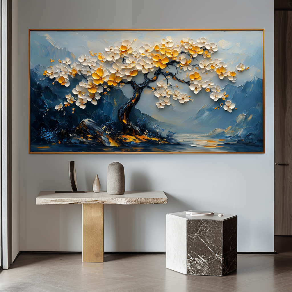 Serene Blossom-Hand-Painted Texture Floral Tree Wall Art#FL10045
