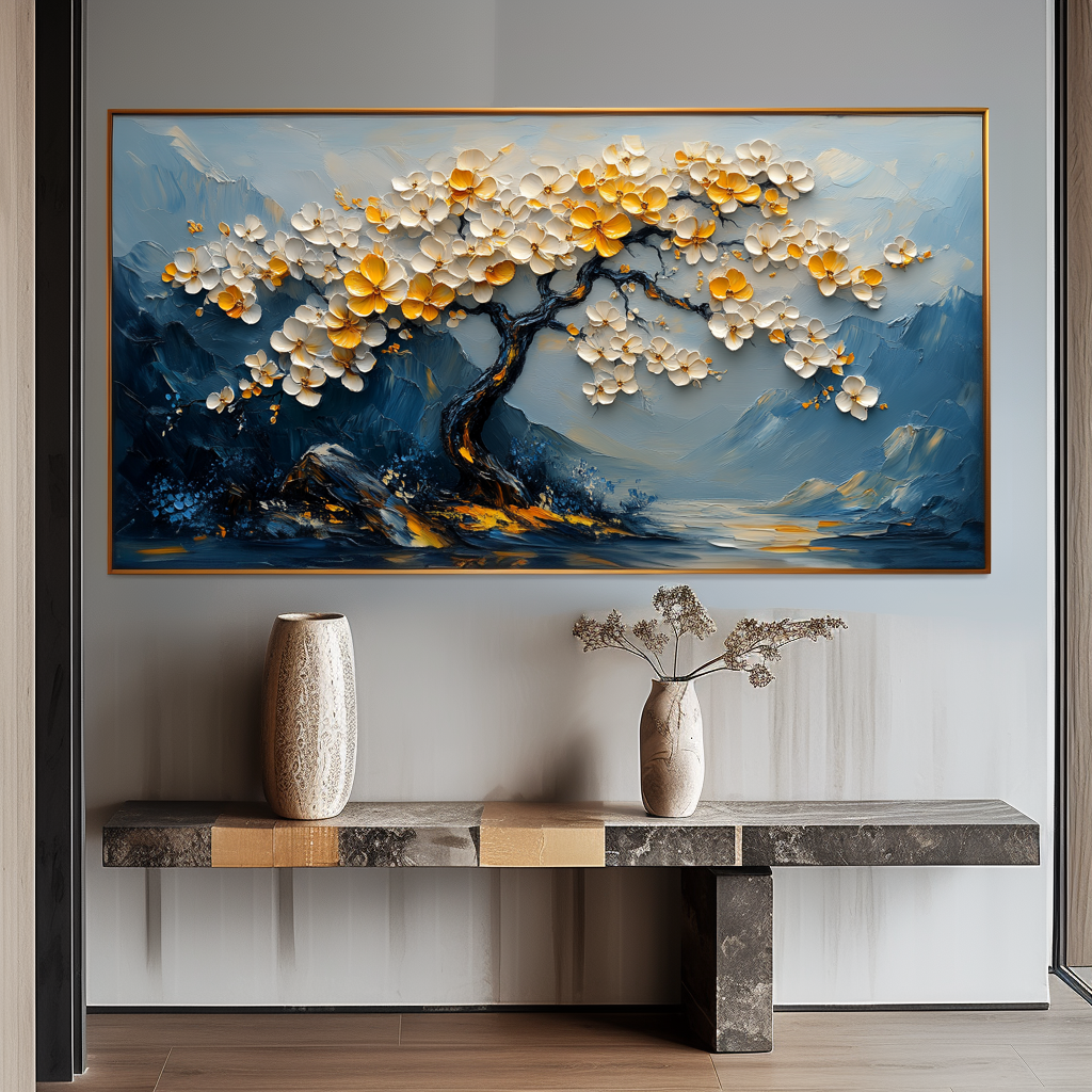 Serene Blossom-Hand-Painted Texture Floral Tree Wall Art#FL10045